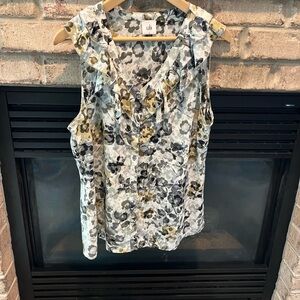 Cabi Sleeveless Ruffle Button-Front Floral Tank - White, Gray & Olive